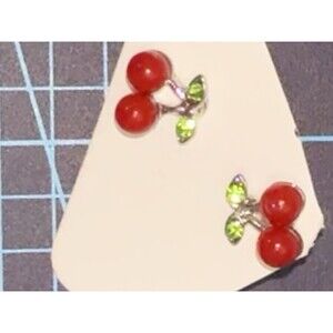 Cherries Earrings With  Rhinestone Crystal Green  leaves Red Cherry Jewelry